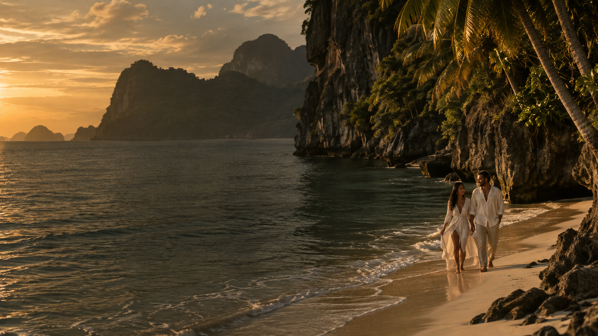 A man and woman walking together along a sunlit coast.