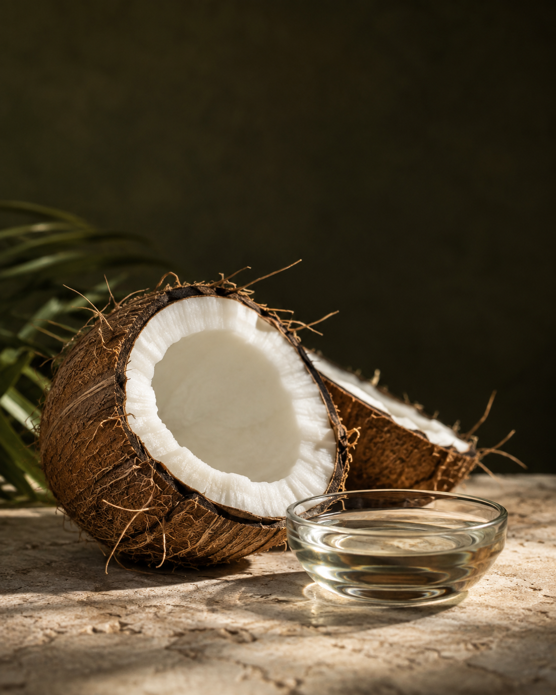 Illustrative split coconut beside clear coconut-derived MCT oil.
