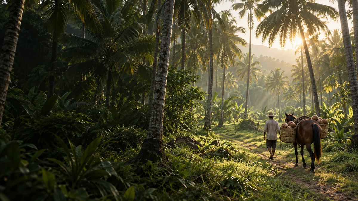 Illustrative Philippine coconut grove, with harvested coconuts carried by horse.